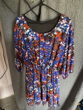 Express Floral Splatter Long Sleeve Dress in Black & Blue